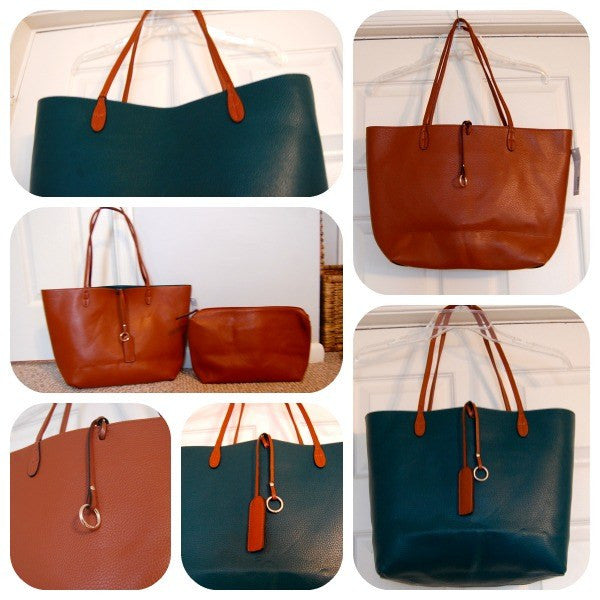 Street Level Reversible Faux Leather Tote & Wristlet Green/Brown